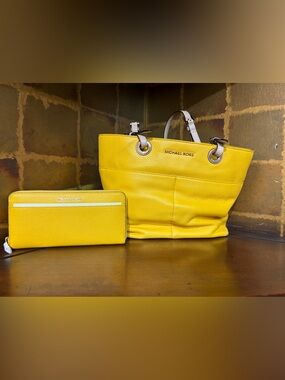 Michael Kors Bright Yellow Leather Tote with Matching Zip Wallet